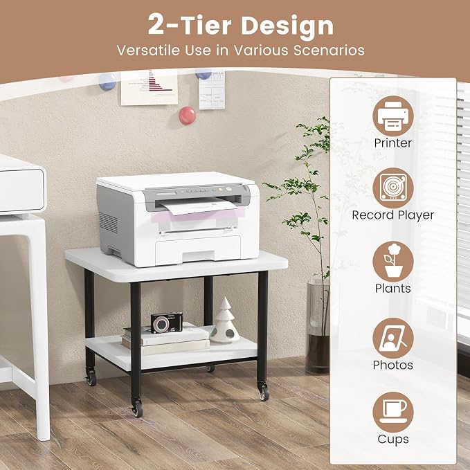 Tangkula Printer Stand with Storage, Under Desk Printer Table with 4 Wheels & Locking Mechanism, 2-Tier Rolling End Table Storage Rack for Bedroom, Living Room, Study