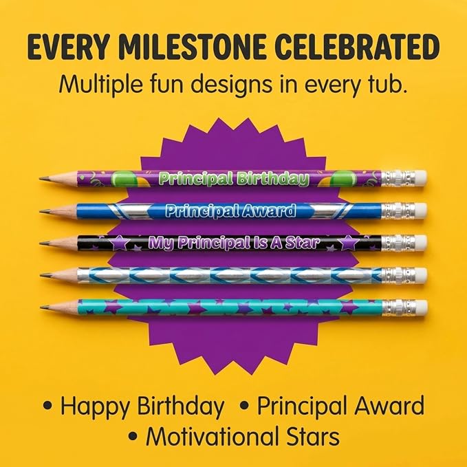 Anderson's Principal Designs Pencil Tub, Fun & Colorful Pencils, Perfect for School Supplies, Classroom Rewards, Creative Writing, Party Favors, and Motivational Gifts, Set of 144