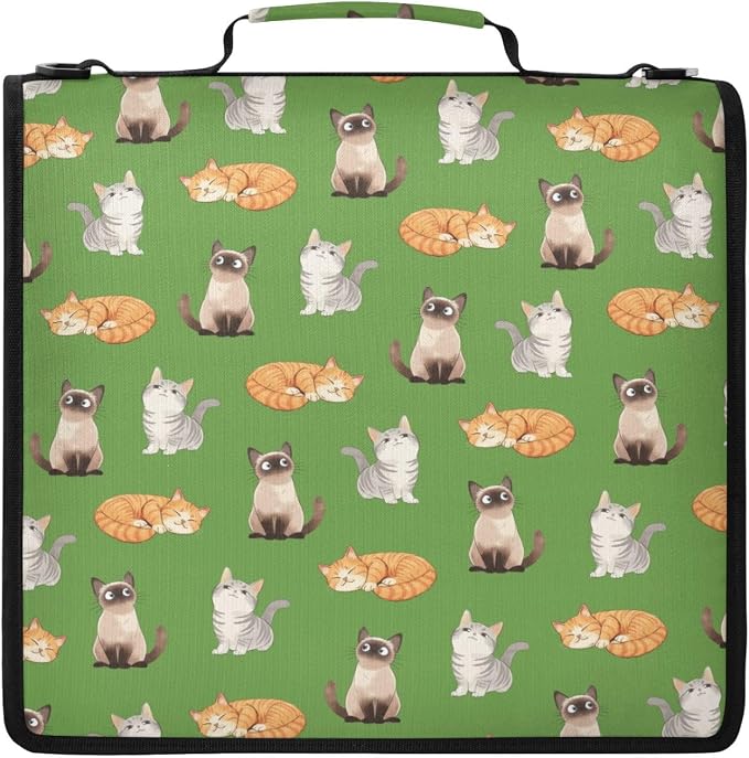 Cat Print Zipper Binder File Organizer Bag 3 D-Ring | with Shoulder Strap, Holds 500 Sheets & 14in Laptop, 3 Ring Binder for Office Supplies