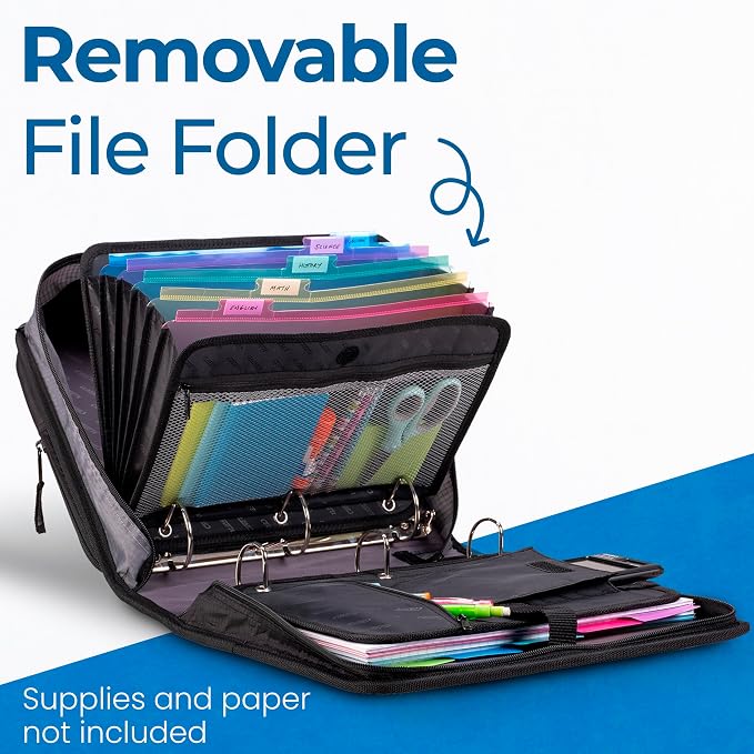 Case-it Dual Binder Backpack | 2-Pack 2-Inch D-Rings | Dual-301 Black | Universal, 3 Straps, Removable File, Hold Down Pages, Bookbag Straps, Padded 13" Laptop & Front Flap Pockets, School & Office