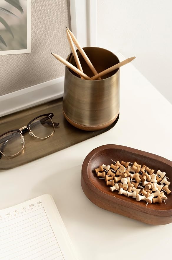 Kate and Laurel Koni Modern Three-Piece Tabletop Organization Set, 12 x 5 x 5, Walnut Brown and Antique Brass, Wood and Metal Organizational Set for Home Office or Entryway Decor