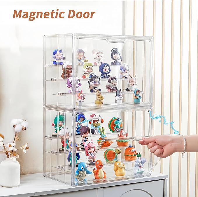 Clear Acrylic Display Case for Figures 4 Layer Figure Display Shelf with 3 Movable Plate Stackable Display Box with Magnetic Door for Collectibles 2 Pack