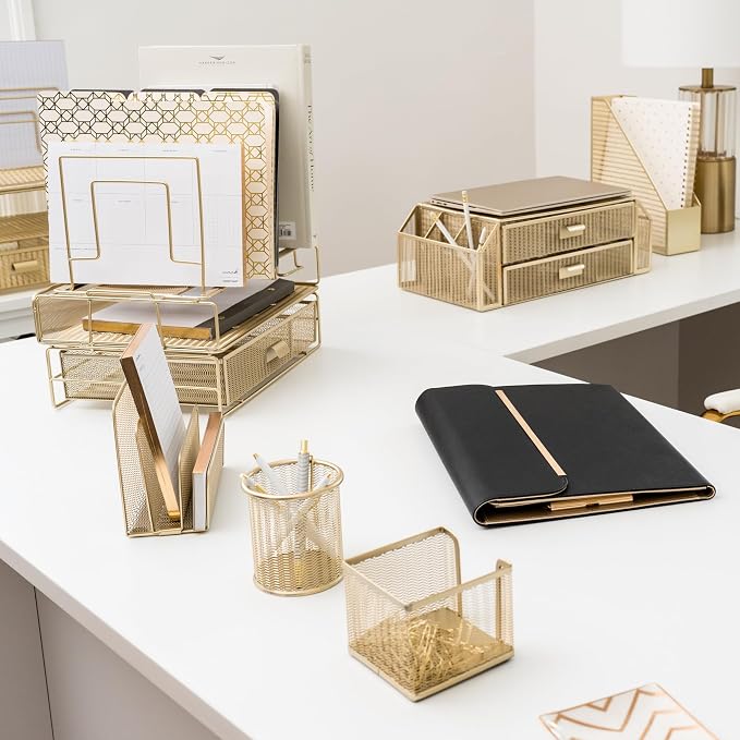 BLU MONACO | Gold Desk Organizer Set with Detachable File Organizer, Stackable Paper Tray & Storage Drawer | Stylish Gold Desk Accessories for Women & Office Organization