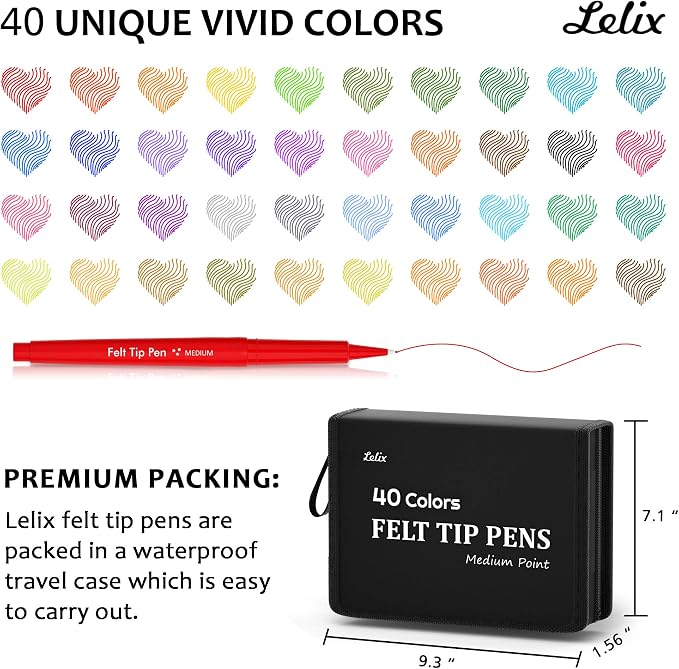 Lelix Felt Tip Pens, 40 Colored Pens with Case, Medium Point, Felt Tip Markers Pens for Journaling, Writing,Drawing, Note Taking, Planner, Perfect for Art Office and School Supplies