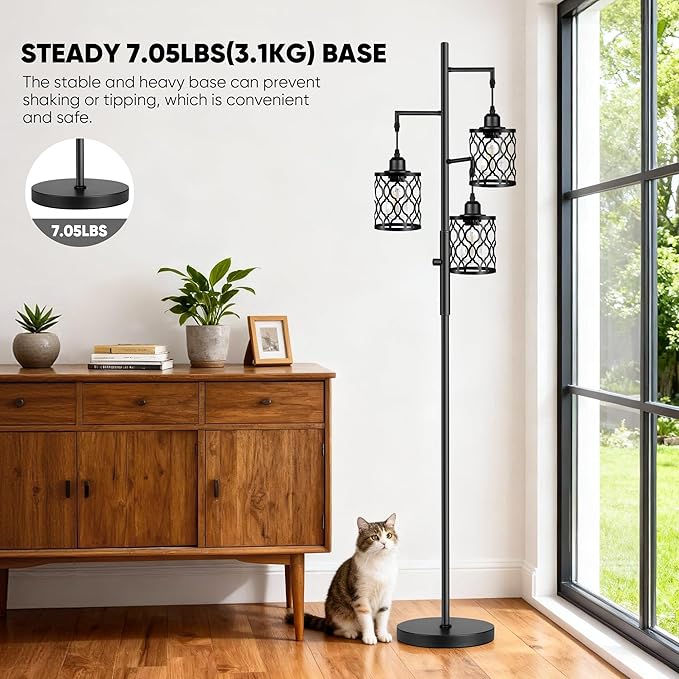 ROTTOGOON Dimmable Farmhouse Floor Lamp, Industrial Floor Lamp for Living Room with 3 X 6W LED Bulbs, 3 Light Rustic Standing Tall Lamp for Bedroom, Office, 68"