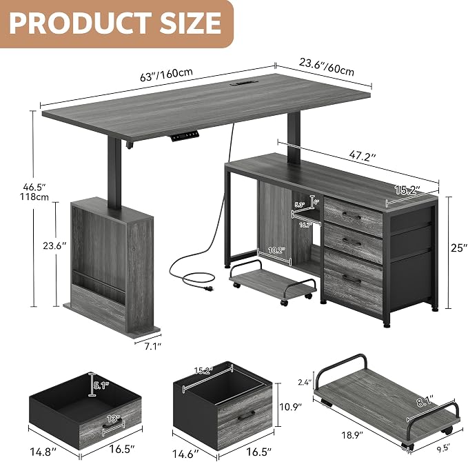 63'' L Shaped Desk with 3 Drawers Electric Standing Desks Grey | with Storage Computer Desk Adjustable Height with Power Outlets 4 Memory Presets for Home Office