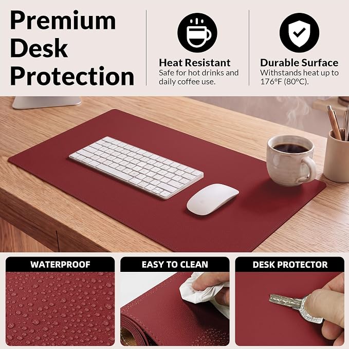 AFIING Leather Desk Pad Protector, 23.6" x 13.7", Red | Dual-Sided Cork & PU Leather, Waterproof, Non-Slip Mouse Pad & Writing Pad for Home, Office, Study & Laptop