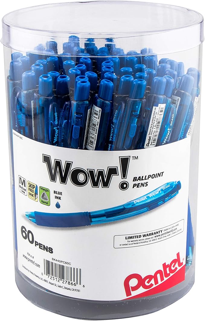 Pentel WOW! Ballpoint Pen, (1.0mm) Medium Line, Blue Ink, Pack of 60, Canister (BK440PC60C)