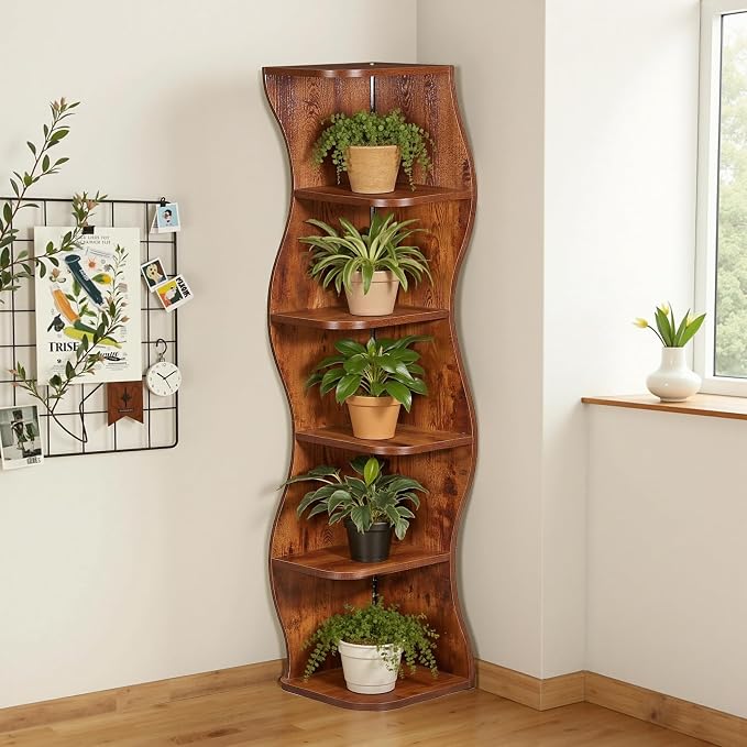 VECELO 6-Tier Wave Corner Bookcase with LED Lights, 90° Right-Angle Tall Narrow Bookshelf, Wooden Corner Display Stand Storage Shelf for Small Spaces, Living Room, Bedroom, Home Office (Brown)