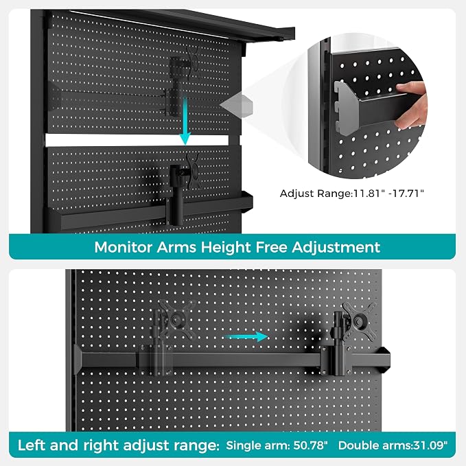 EUREKA ERGONOMIC Desk Pegboard Dual Monitor Stand 59x34 Black | Large steel pegboard with dual monitor stands, LED lighting, privacy panel and modular accessories for gaming desks