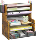DAOUTIME 6-Tier Mesh Desk Organizer with Drawer, Wooden Office Organizer for Papers, Folders & Office Supplies - Sturdy Desktop File Holder with 2 Pen Holders - Space Saving Home Office Accessories