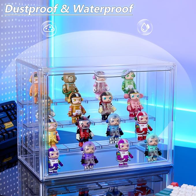 Acrylic Display Case for Figures, 4-Layer Stackable Storage Box | Display Cases for Collectibles, Tool Free Assembly, High Transparency Design, Magnetic Door, Adjustable Divider