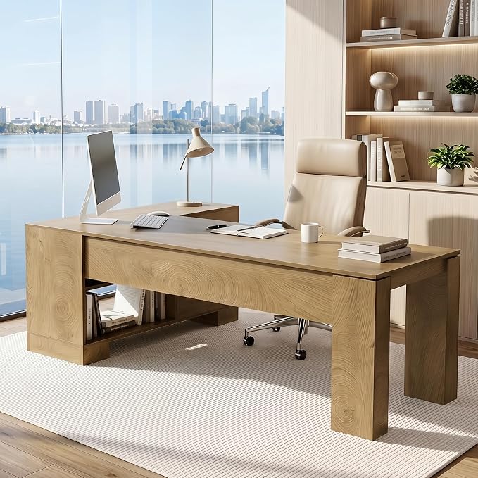 LITTLE TREE 78.7" L Shaped Office Desk with Drawers | Executive Computer Desk with Open Shelves Storage, Farmhouse Large Wooden L Desks Business Furniture, Brown