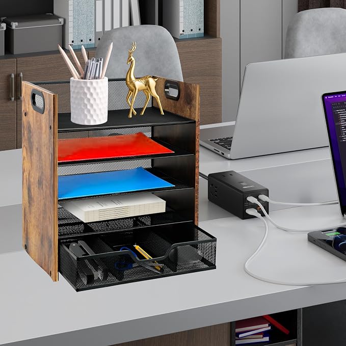 Desk Organizer, 5-Tier Desktop File Organizer with Drawer, Wooden Paper Tray Organizer, Office Desk Organzier and Accessories for Papers, Mail, Notebooks, Stationery