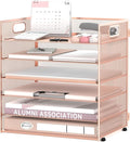 Daltack 6-Tier Paper Organizer for Desk with Handle, Rose Gold | Sturdy Metal Mesh Organizer with Movable Middle Trays and a Carry Handle for Papers, Folders and Office Supplies