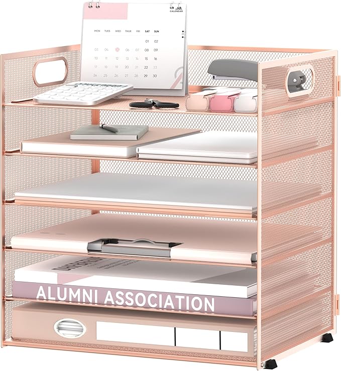 Daltack 6-Tier Paper Organizer for Desk with Handle, Rose Gold | Sturdy Metal Mesh Organizer with Movable Middle Trays and a Carry Handle for Papers, Folders and Office Supplies