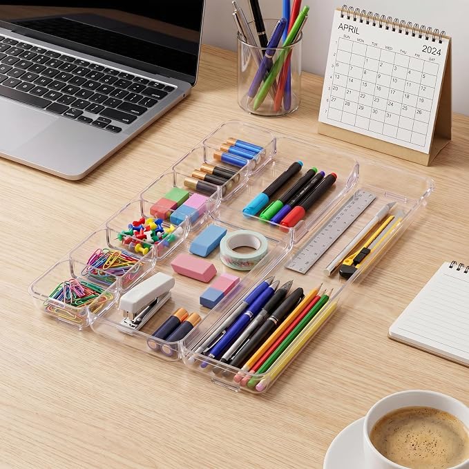 4 Pcs Desk Drawer Organizer Tray 14" x 9" x 1",Clear | Shallow Desk Drawer Organizer with 9 Storage Compartments for Home Office Classroom School Organizing Pens Paper Clips