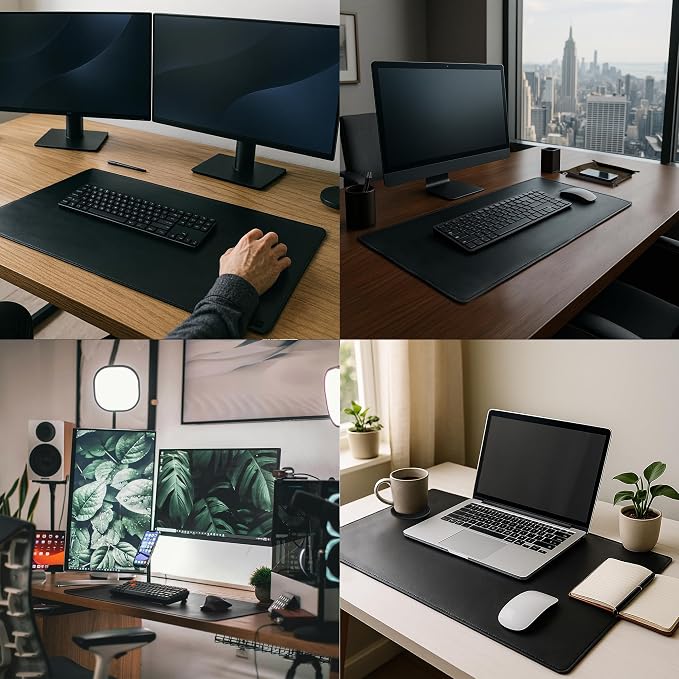 Leather Desk Mat Set (32x16) - Full Grain Large Computer Gaming Mouse Pad | Non-Slip, Table Cover Blotter Protector, Smooth Control, Stitched Edges, Desktop Laptop Accessory with Valet Tray & Coaster