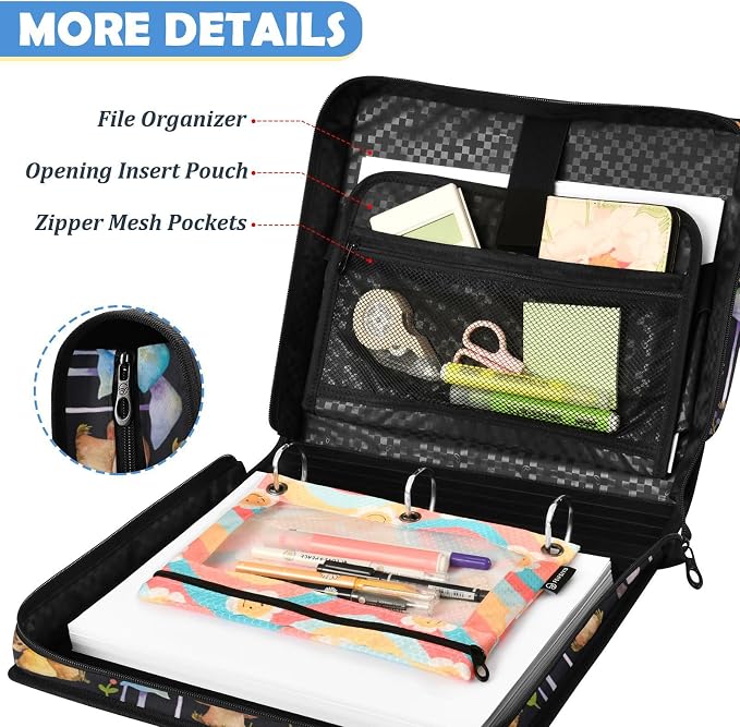 Mushrooms Print Zipper Binder File Organizer Bag 3 D-Ring | with Shoulder Strap, Holds 500 Sheets & 14in Laptop, 3 Ring Binder for Office Supplies