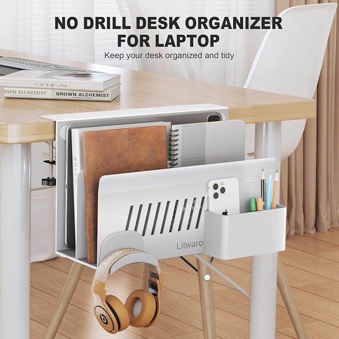 Litwaro Desk Side Storage Organizer, 2 Tier Under Desk Laptop Holder No Drill, Laptop Mount with Magnetic Pen Holder, Hanging Desk Organizer Fits Flat Edge Desks 0.4" to 2.1" (White)
