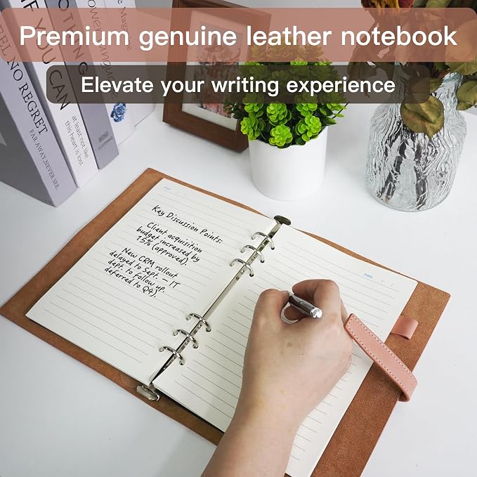 Refillable A5 Leather Binder Notebook, Reusable Leather Journal, Vintage Organizer with 6-Ring Metal Binder, 120 Pages Lined Paper & Pocket, for Writers Business Work Study College and Daily, Pink