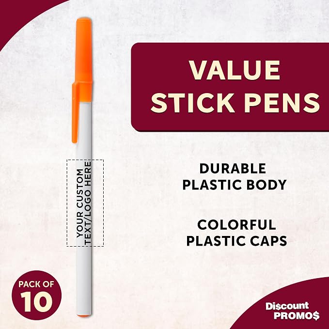 DISCOUNT PROMOS Custom Value Stick Pens Set of 10, Personalized Bulk Pack - Black Ink, Great for Office, School, Business, Tradeshows, Events - Orange