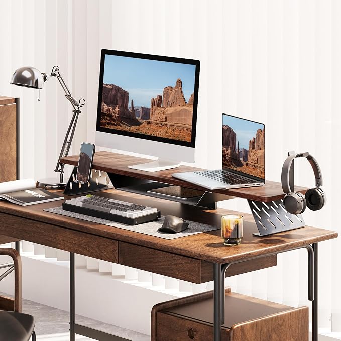 Fenge Dual Monitor Stand, Wooden Desk Shelf with Headphone & Phone Holder | 42.5" Monitor Riser with Storage Shelf, 2-Tier Monitor Shelf with Metal Leg for Home Office Organizer, Brown