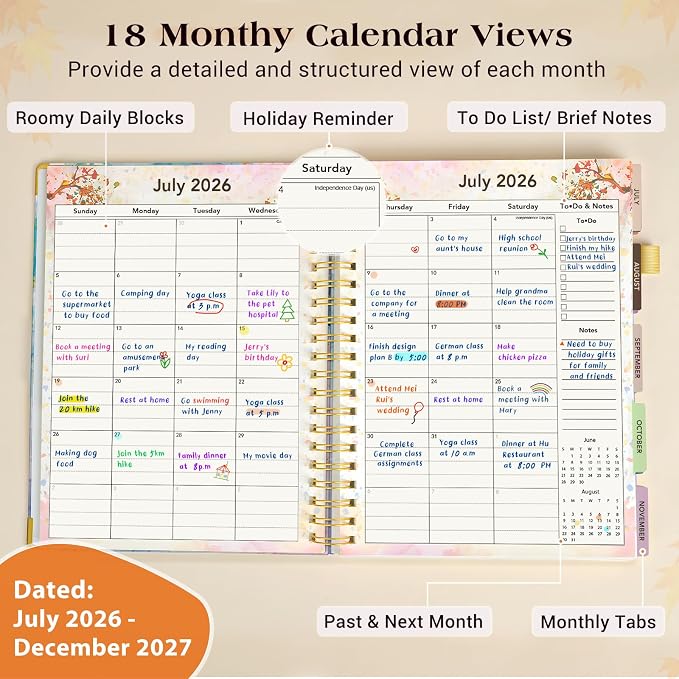 Academic Planner 2026-2027, 18 Months Weekly and Monthly Daily Planner from July 2026 - December 2027, 8.5" x 11" A4 Large Hardcover Agenda Organizer Book with Tabs, Spiral Yearly Calendar Planners for School Work Home, Pink Blue Marble