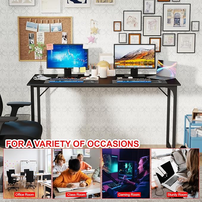 PayLessHere | 55 Inch Computer Desk | Black | Office Desk with Metal Frame, Adjustable Feet | Water-Resistant, Scratchproof Surface | Sturdy Writing Table for Home Office or Study | Pack of 1