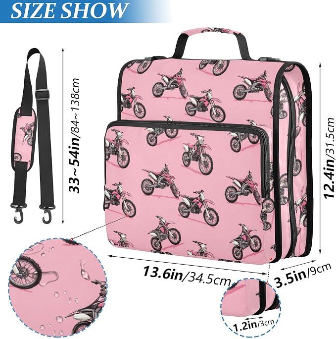 Fisyme Dirt Bike Motocycles Zipper Binder 3 Ring with Zipper and Shoulder Strap Large Capacity Multi-Pocket Binder Organizer