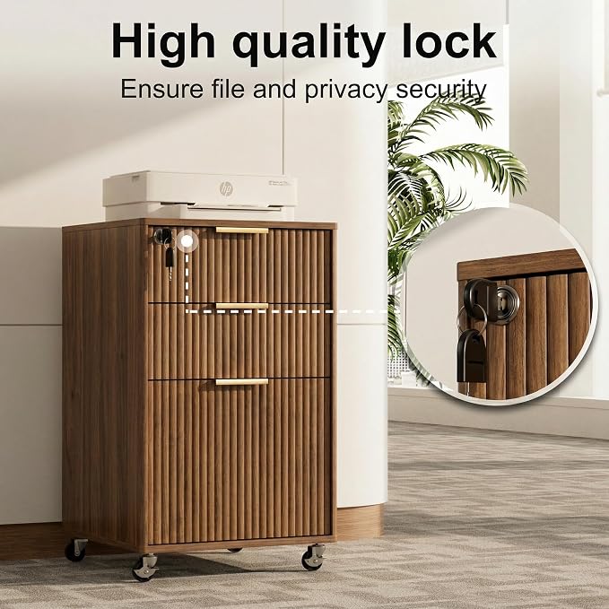 3 Drawers Fluted Mobile File Cabinet with Lock, Rolling File Cabinet Printer Stand Table, Under Desk Wooden Filing Cabinets for Home Office Essentials Storage Organization Furniture Letters/A4(Walnut)