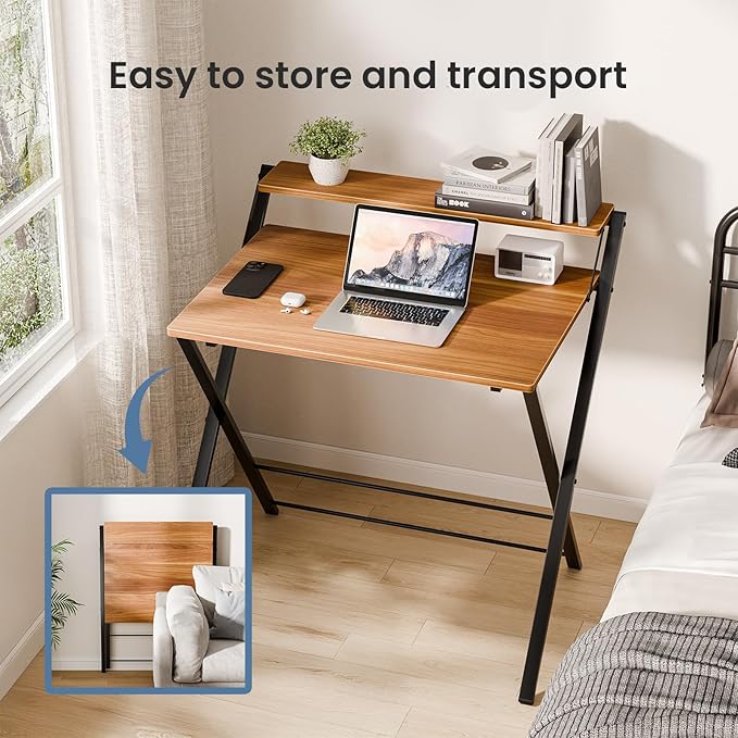DUMOS Folding Desk No Assembly, Small Computer Desk with Shelf for Dorm | Portable Foldable Table for Laptop, Space Saving Desk for Home Office, Tight Spaces Apartment, Brown