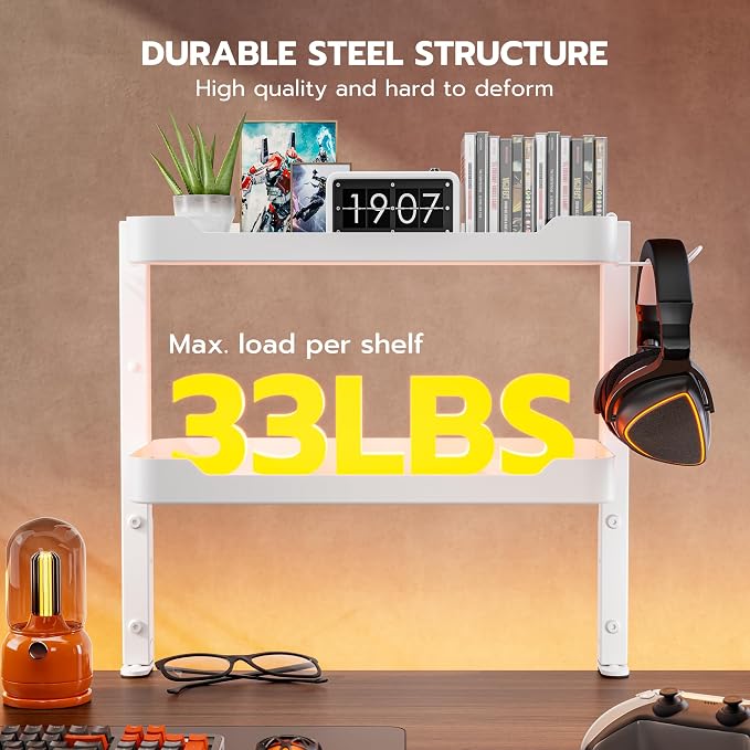 ARES WING 2-Tier 16 inch Clamp On Desk Shelf, Above or Under Desk Storage | Adjustable Desktop Organizer Shlef Holds 66 lbs Heavy Duty, with Headphone Holder for Working and Gaming Accessories, White