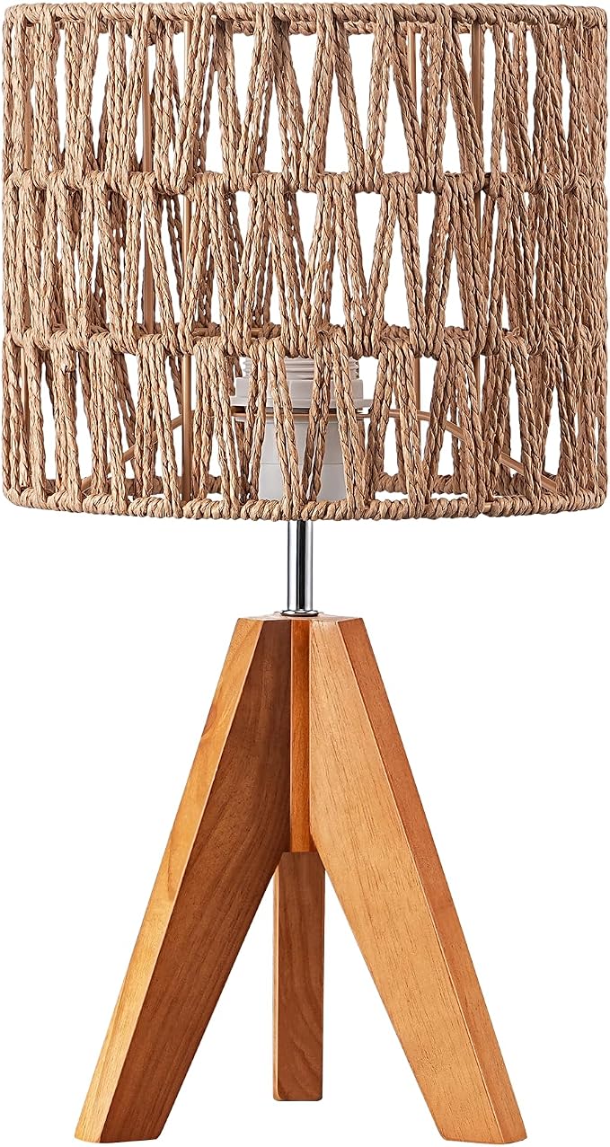 EDISHINE Rattan Small Table Lamp, Boho Nightstand Lamp, 14.2", E26 Base | Natural Style, Wood Tripod Base, Rosewood Color & W-Pattern Shade, Bedside Lamp for Living Room, End Table, Office
