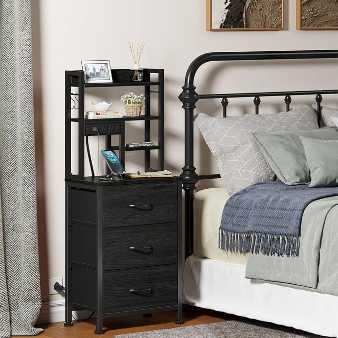 Black Nightstand with Bookshelf, Tall Bedside Table & Night Stand | 3 Fabric Drawers & LED Lights, 45.3" Bed Side & End table with Charging Station in Bedroom, Dorm, Metal Frame, Wood Shelves