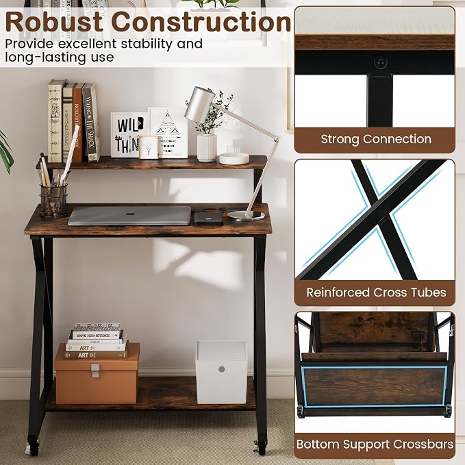 Giantex Rolling Small Desk with Storage, Compact Computer Desk for Small Spaces with Charging Station, Monitor Stand, Lockable Wheels, Study Writing Desk for Home Office, Bedroom (Rustic Brown)