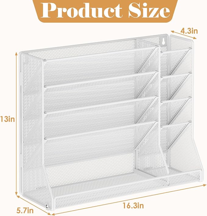 Jakyitvi Adjustable 5 Tiers Wall File Organizer Metal Hanging Holder White | 5 tiers desk paper organizer, folder holder wall mount, mail organizer for home office, hanging document tray