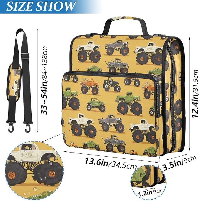 Aslsiy Zipper Binder Bag for Girls Boys Green Monster Trucks Yellow Kids 1.5 inch 3-Ring Binder Organizer with Shoulder Strap for School Office Supplies
