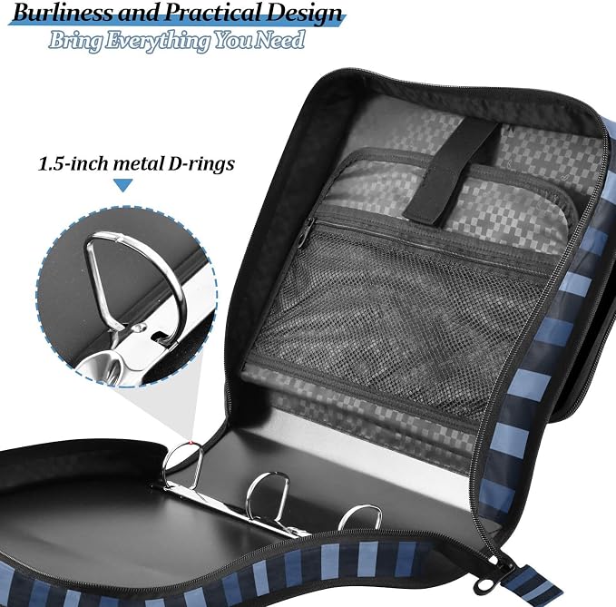 ALAZA Vintage Navy Blue Stripes Zipper Binder 1.5 inch 3 Ring Binder Organizer with Shoulder Strap and Handle for Home Office Work