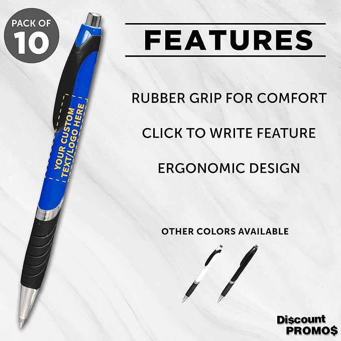 DISCOUNT PROMOS Ballpoint Pens With Rubber Grip - 10 pack - Customizable Text, Logo - Black Ink Ball Point Pen with Soft Touch Plastic - Blue
