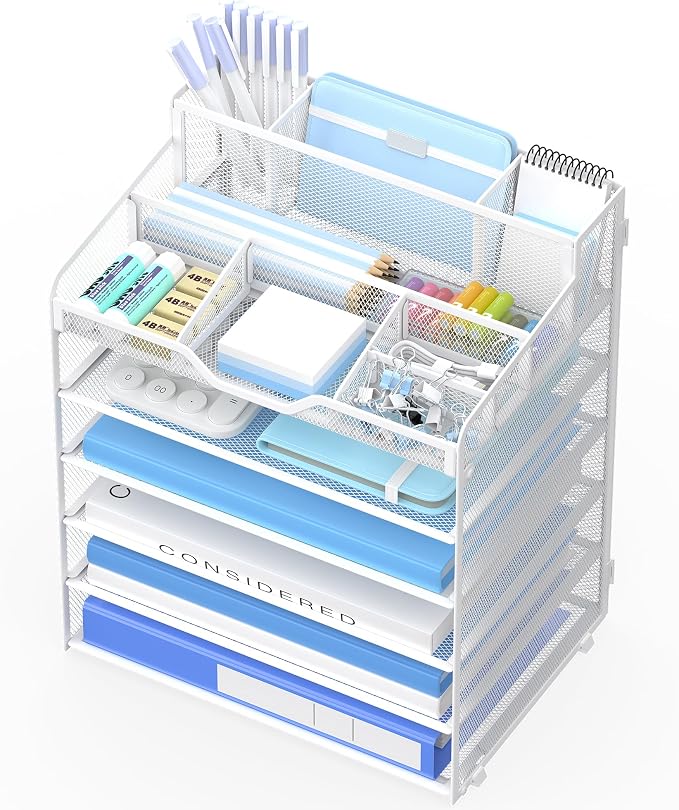 6 Tier Mesh Paper Desk Organizer with Pen Holders, White | Features 3 pen holders, and 5 adjustable compartments for office school home desk storage
