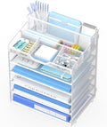 6 Tier Mesh Paper Desk Organizer with Pen Holders, White | Features 3 pen holders, and 5 adjustable compartments for office school home desk storage