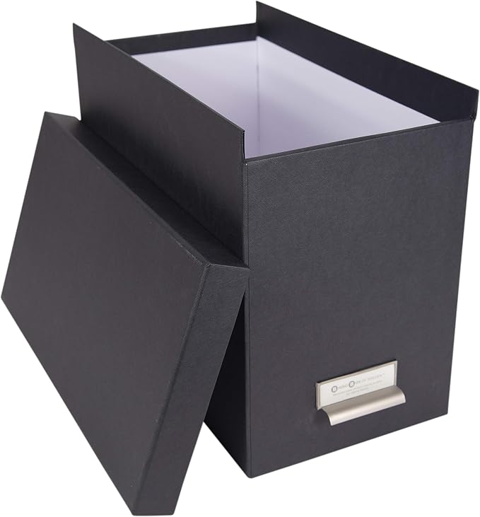 Bigso John Fiberboard Label Frame Desktop File Storage Box - Document Organizer for Important Paperwork - Durable Hanging File Box with a Lid & Metal Label Window - 7.36 x 13.38 x 10.51 in - Dark Grey