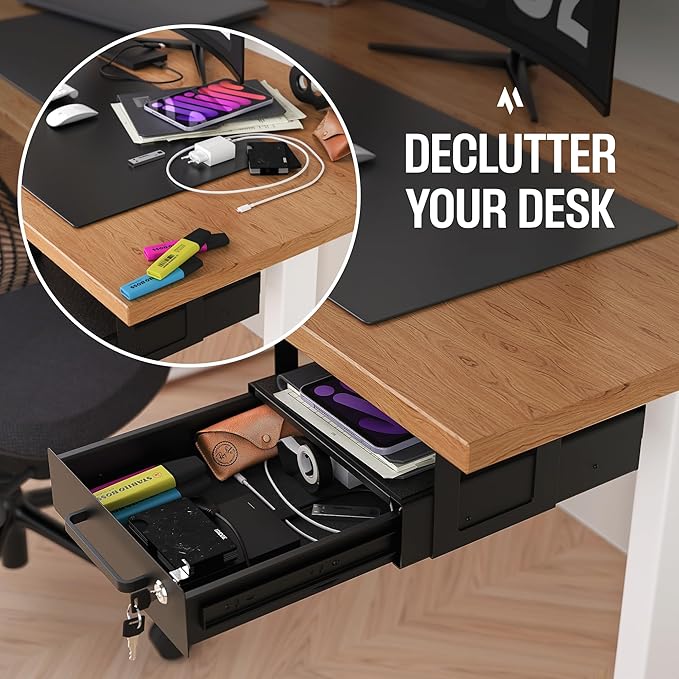 Under Desk Drawer Slide-Out – Lockable Metal Storage Drawers with Cable Management for Office & Home (Double, Non-Bracketed)