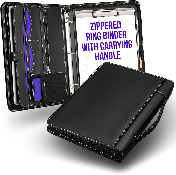 STYLIO Zipper Portfolio Binder with Carrying Handle | Removable 3-Ring Binder (1") w/Clipboard Padfolio | Organizer for Documents, iPad, Tablet, Phone, Notebook| Business Leather Folio for Men Women