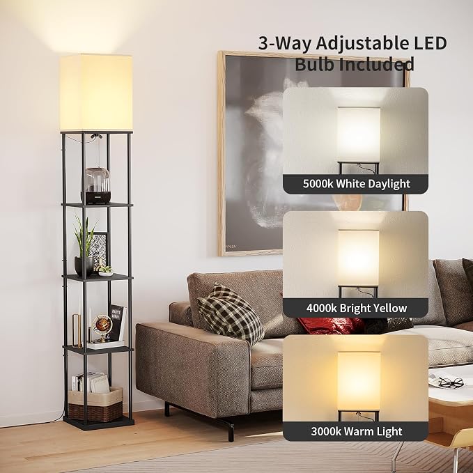 SUNMORY 5 Tier Floor Lamp with Shelves, Modern Square Standing Lamp with 3 Color Temperature Bulb, Corner Display Bookshelf Lamp for Living Room and Bedroom, Tall Shelf Floor Lamp | 3 CCT LED Bulb Include, 70" Tall Corner Shelf Lamp, Display Bookshelf,...
