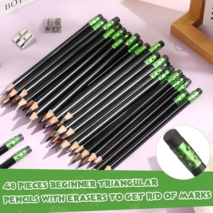 Fainne 48 Pcs Large Pencils 3 Sharpeners,Black,Triangle