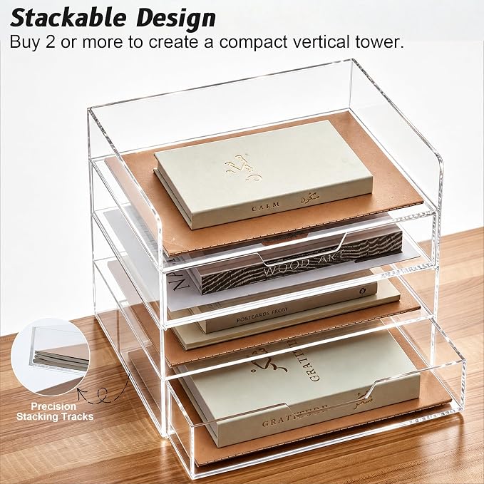 2-Tier Paper Tray Organizer with Drawer - Stackable Acrylic Desk Organizer | clear document sorter, vertical file holders, letter storage, workspace accessories, home, office, school, teachers, students