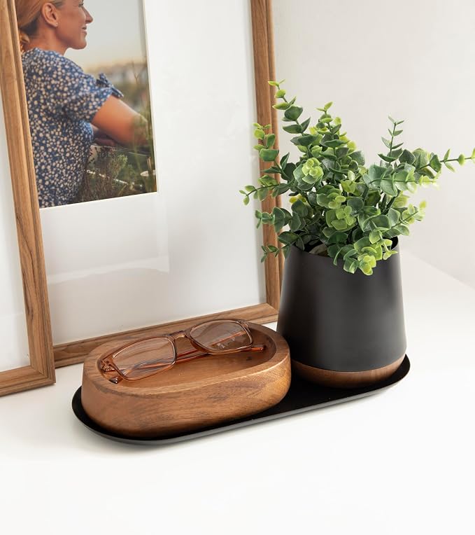 Kate and Laurel Koni Modern Three-Piece Tabletop Organization Set; 12 x 6 x 5; Walnut Brown and Black; Wood and Metal Organizational Set for Home Office or Entryway Decor