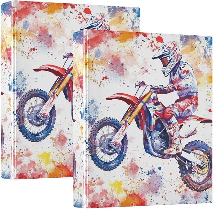 Watercolor Motocross Colorful Decorative 3 Ring Binder 1.5 Inch Large View Binders with Pockets File Organizer for Office College School, 2 Pack